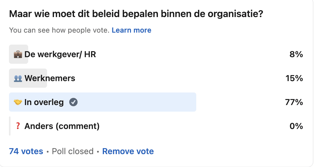 poll van LinkedIn, met de vraag wie moet dit beleid bepalen binnen een organisatie, antwoord 1: de werkgever/ HR 8%, antwoord 2 de werknemers met 15%, antwoord 3 in overleg met 77%, antwoord 4 anders met 0%