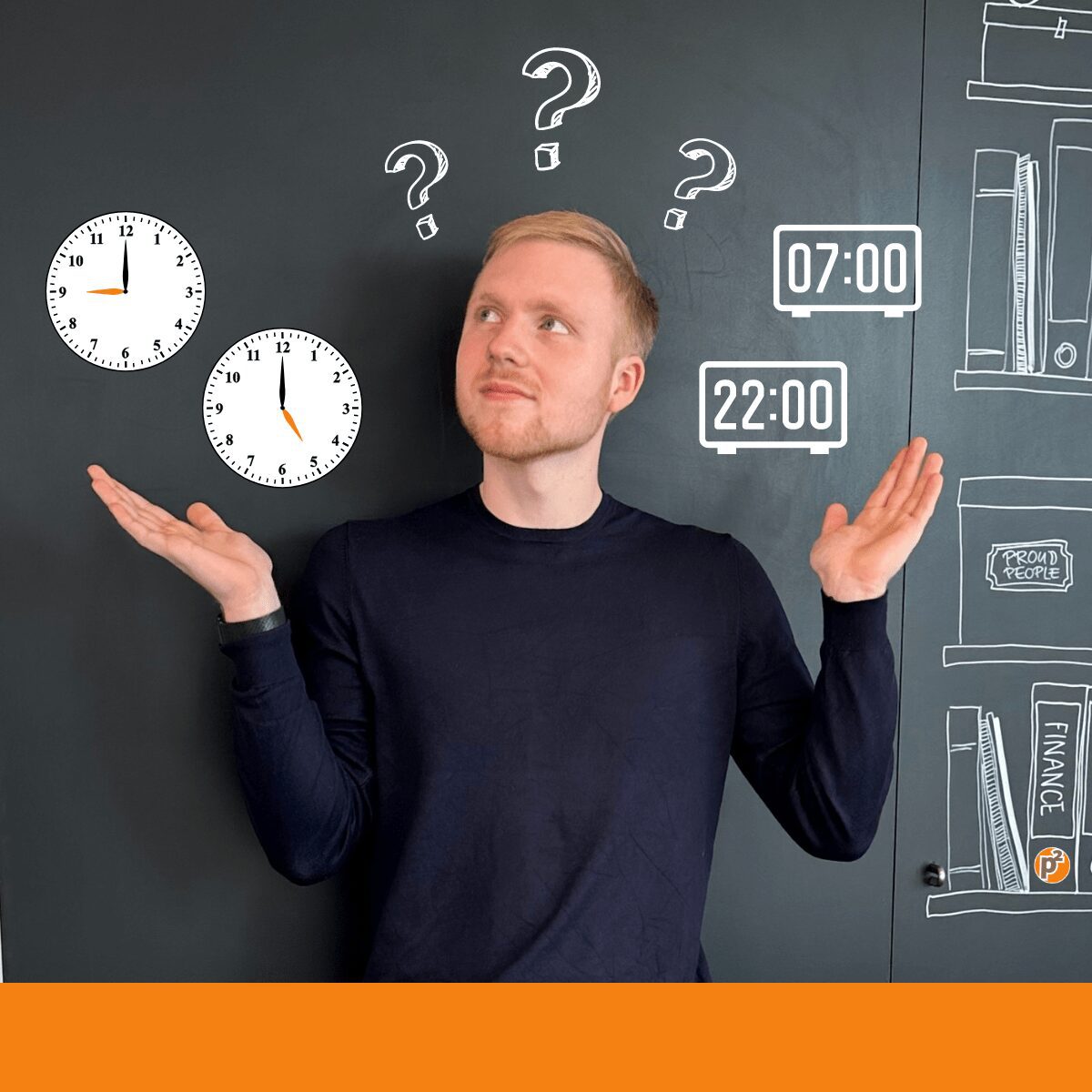 foto van voren Nick van Grol, klokken en vraagtekens om hem heen