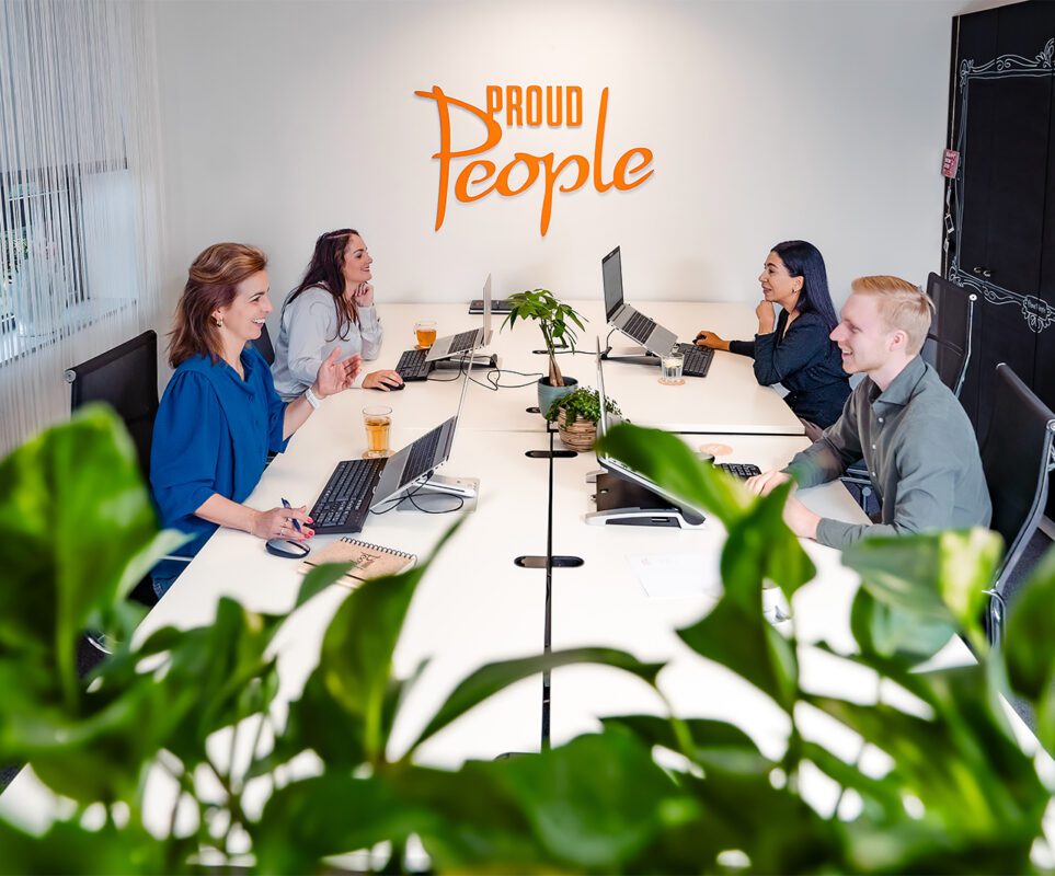 Vooraanzicht vier dames en heren in gesprek met elkaar